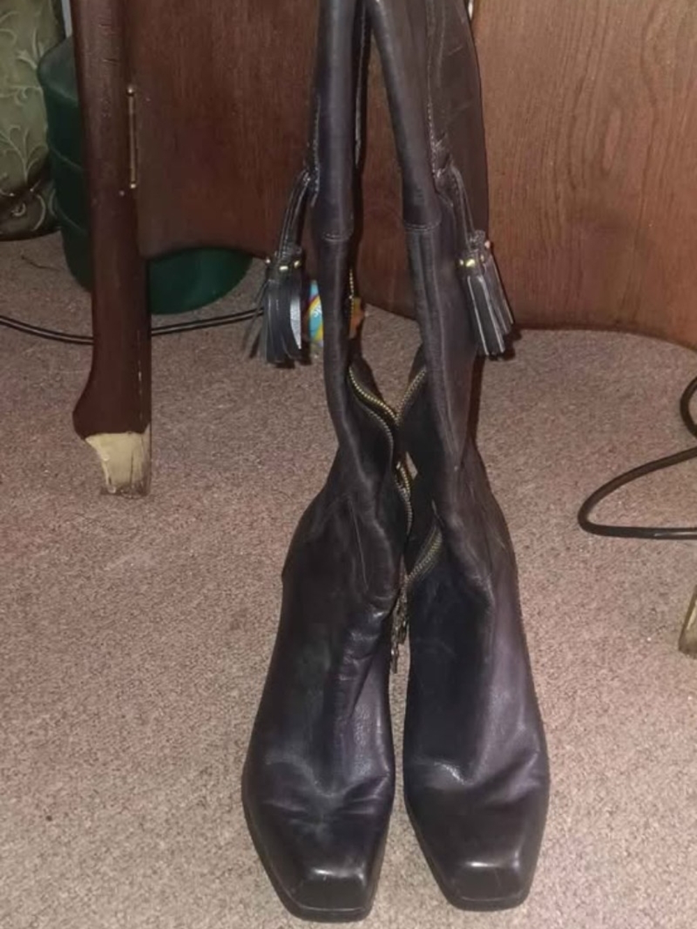 Nine West Black Leather Square-Toe Knee Boots with Tassel Pulls